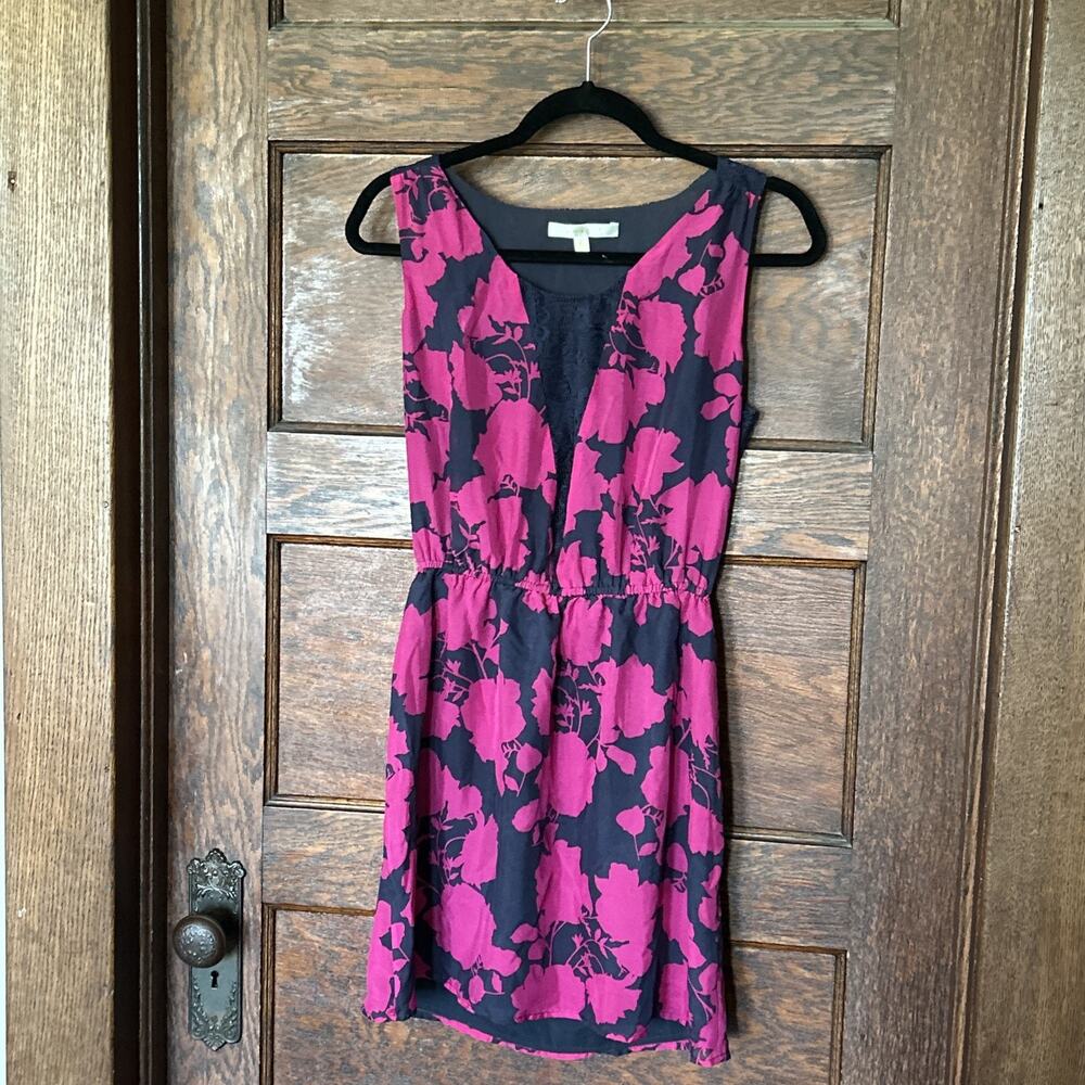 Jenny Han Navy Blue Purple Floral 100% Silk Dress Women’s Sz M